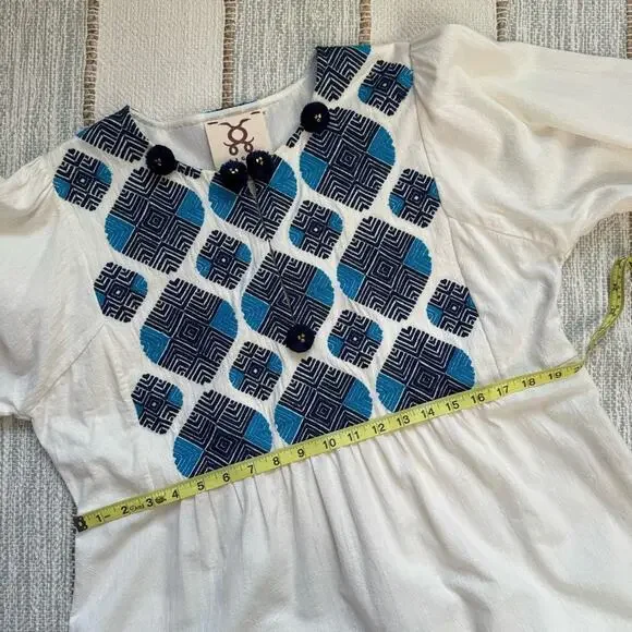 Figue Lucie White Blue Embroidered Pom Pom Long Balloon Sleeves Boho Mini Dress - Picture 10 of 13